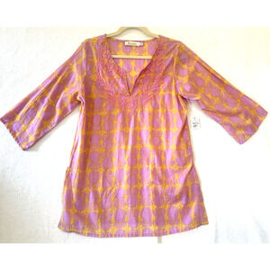 Rock Flower Paper Tunic Boho Tropical Embroidered Pink Yellow Cotton Medium NWT